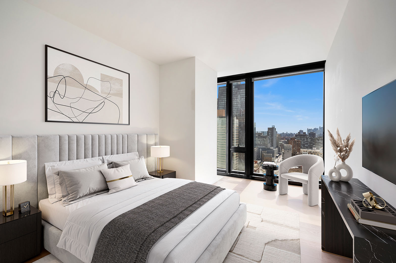 Luxury bedroom with modern decor and Manhattan skyline view at 685 1st Avenue, apartments for rent in Midtown East NYC.