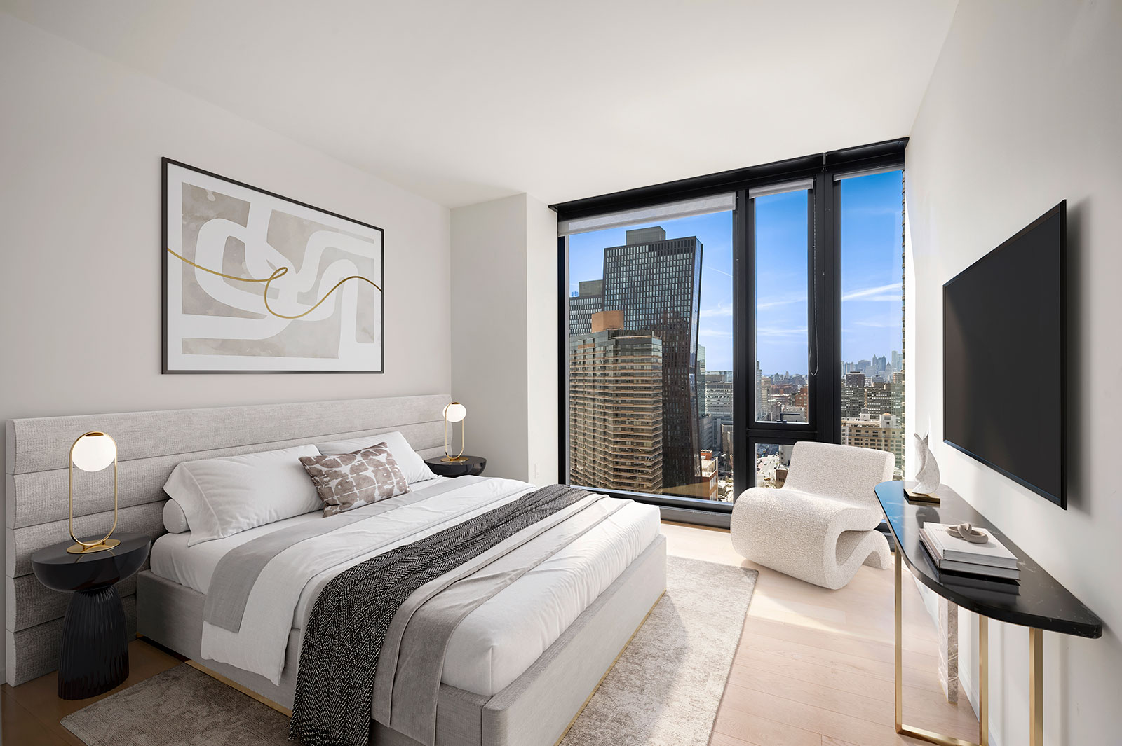 Luxury bedroom with modern decor and NYC skyline views at 685 First Avenue, apartments for rent in Midtown East.
