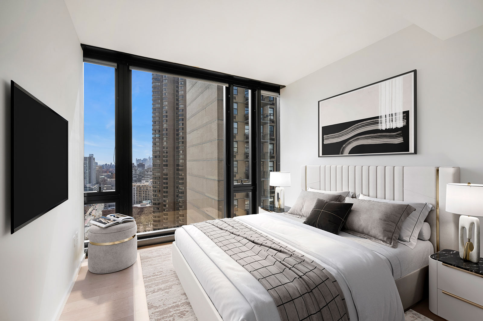 Luxury bedroom with stylish decor and Manhattan skyline view at 685 First Avenue, Murray Hill luxury apartments.