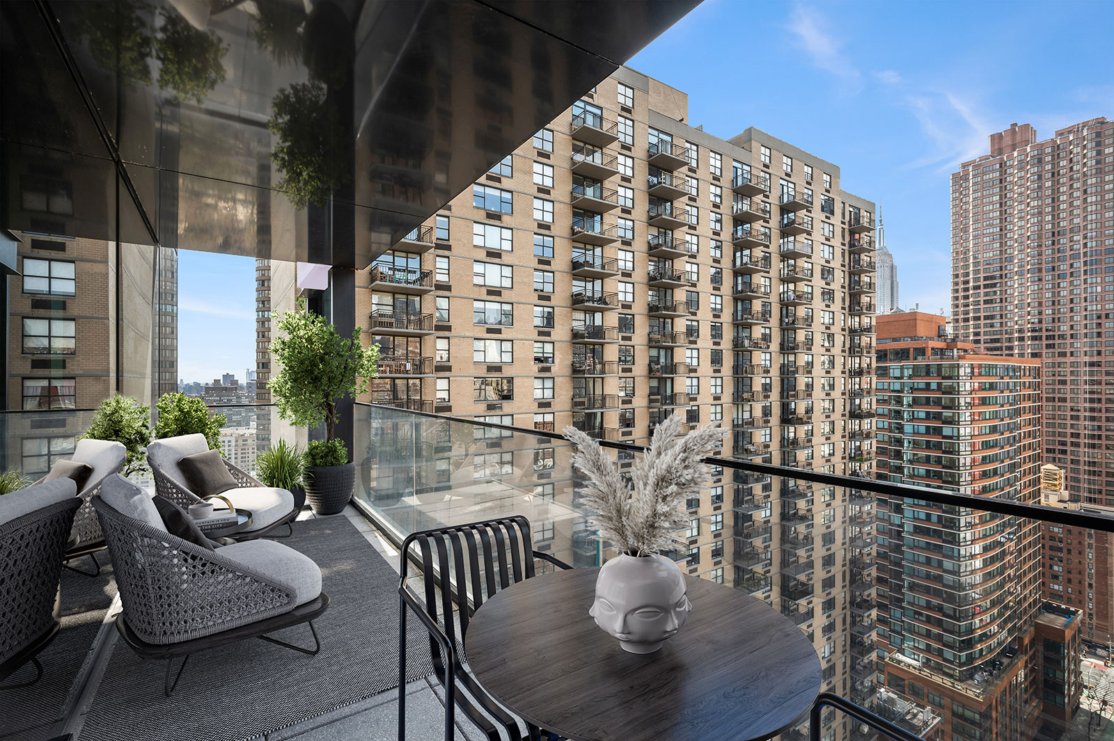 Beautiful terrace with stunning Manhattan skyline views located at 685 First Avenue, apartments in Murray Hill.
