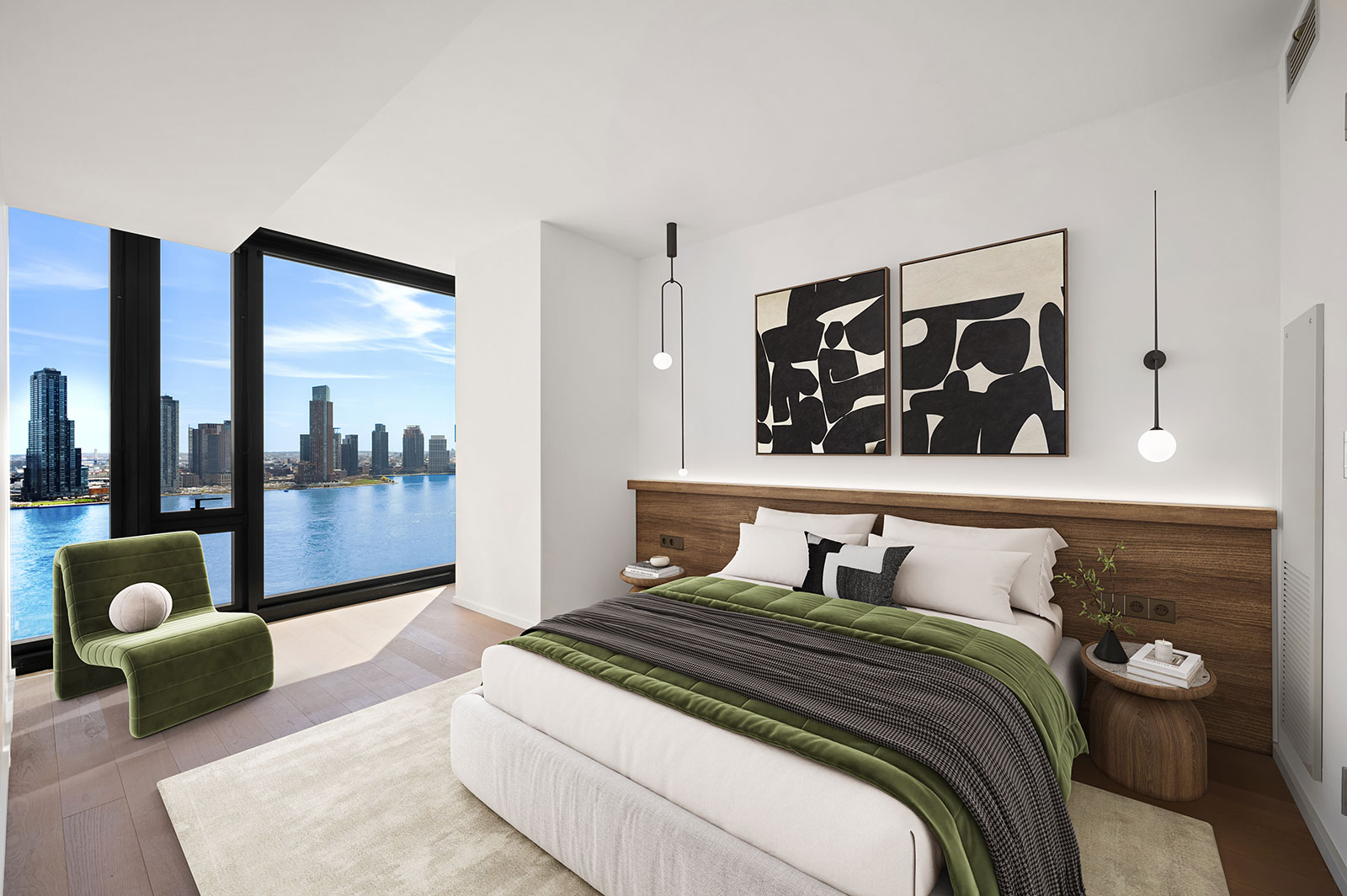 Stylish apartment bedroom with modern decor and stunning waterfront views at 685 1st Ave, Murray Hill rental apartments.