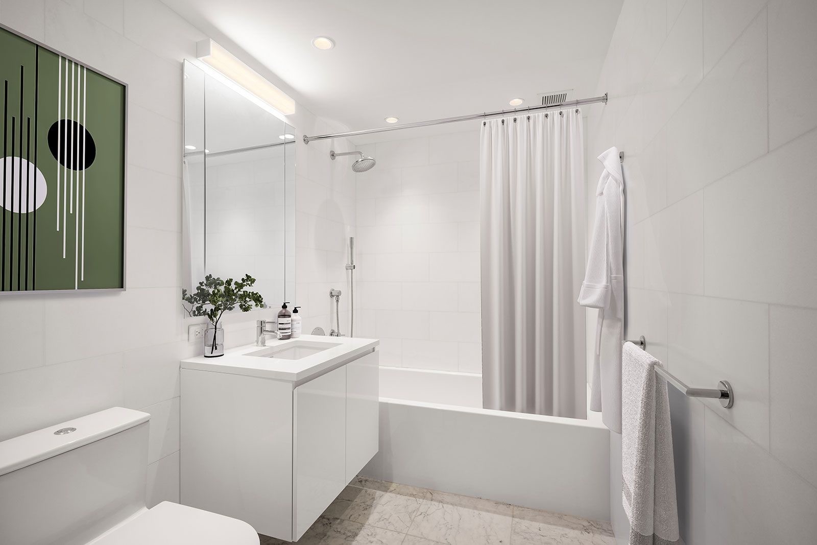 Modern bathroom with sleek finishes, and a bathtub/shower combo at 685 First Avenue, apartments for rent in Murray Hill.