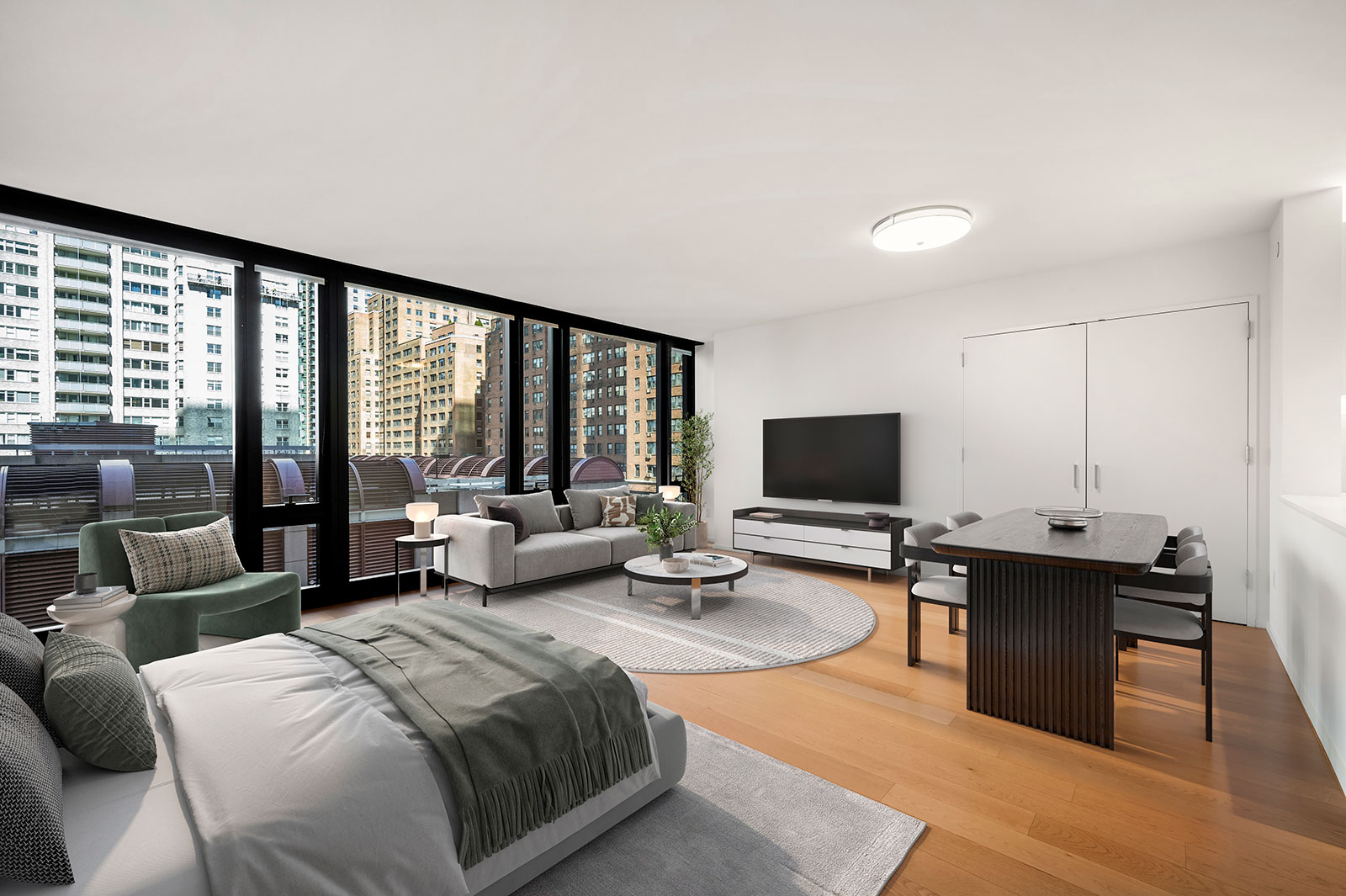 Luxury studio apartment unit for rent with modern finishes and hardwood floors located at 685 First Avenue, Murray Hill.
