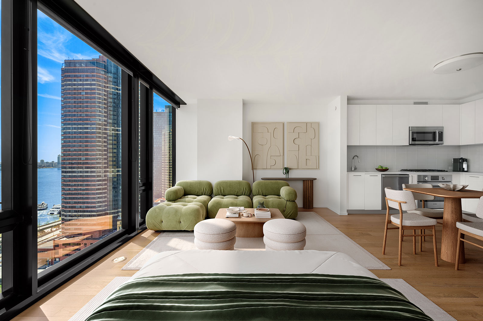 Spacious luxury studio apartment for rent with modern finishes and hardwood floorslocated at 685 First Avenue, Murray Hill.